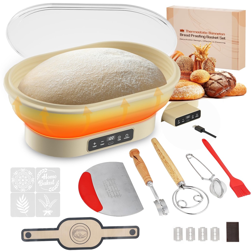 Sourdough Starter Kit, 10'' Oval Banneton Proofing Basket Thermostatic With Timer, Silicone