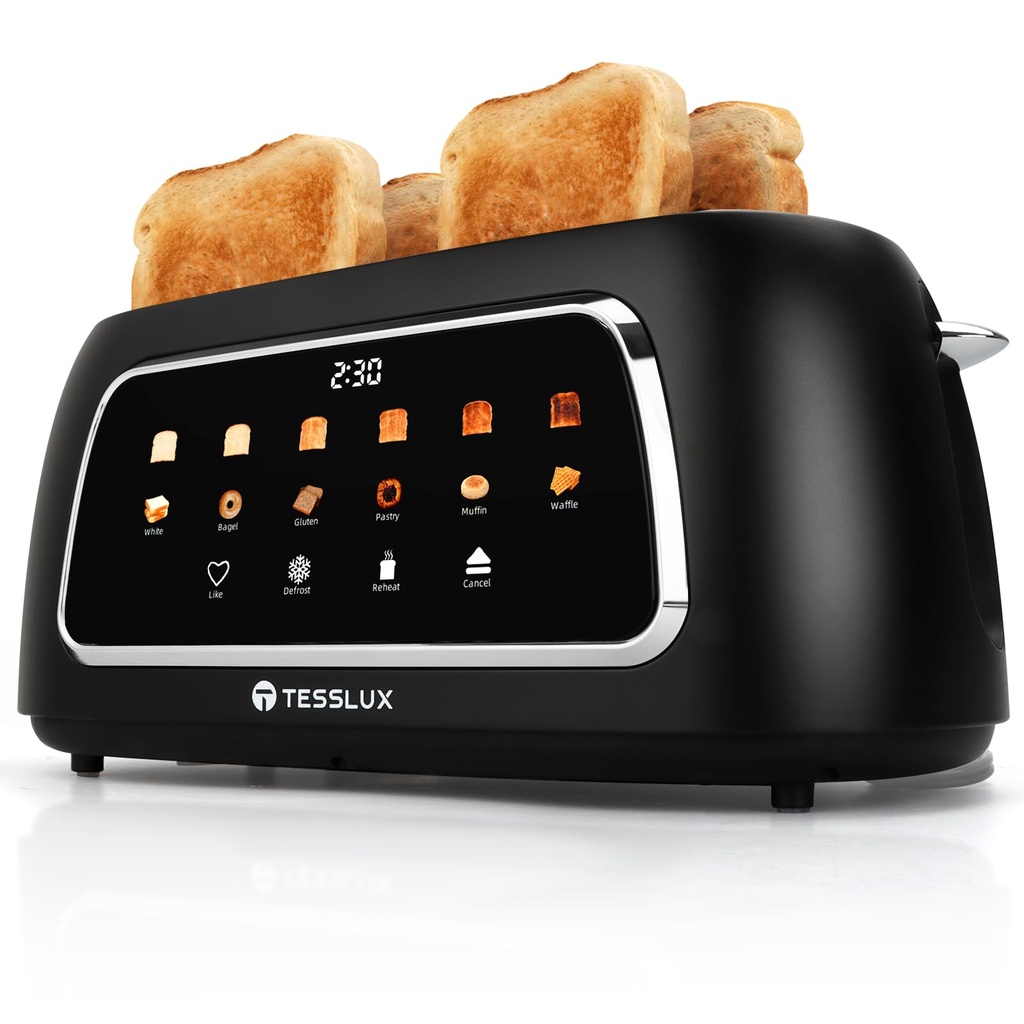 Tesslux 4 Slice Toaster with Touch Screen Control, 1.5" Wide Long Slots, 6 Browning Levels 