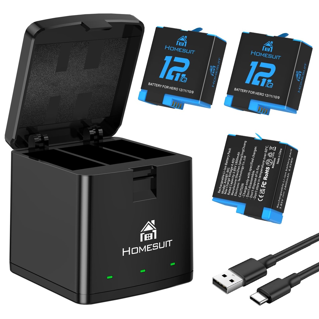 Homesuit Hero 12 11 10 9 Battery 1800mAh and LED 3-Channel USB Charger for Gopro12Black 