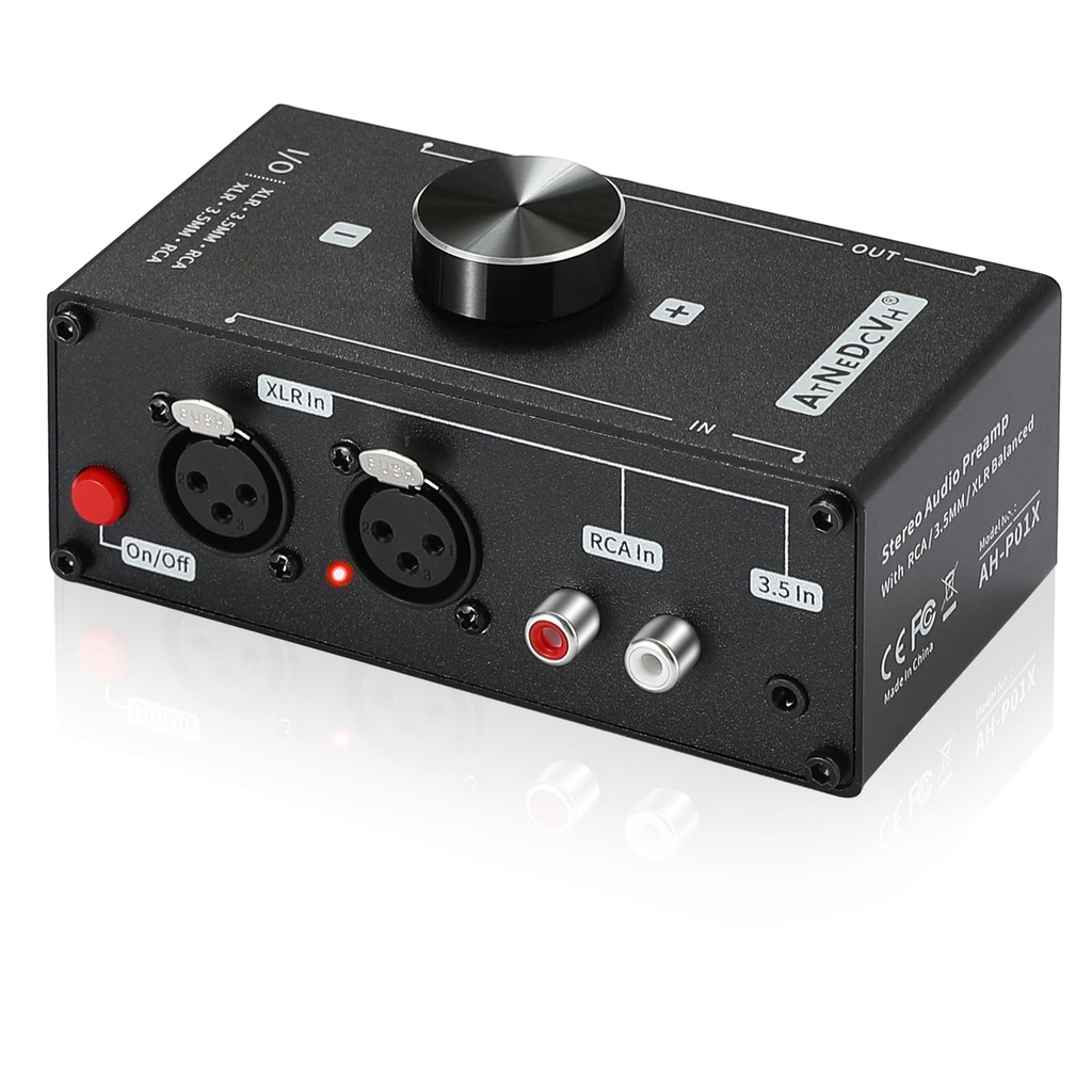 AtNeDcVh Stereo Audio Preamplifier - XLR Balanced RCA 3.5mm Input to XLR Balanced RCA 3.5mm