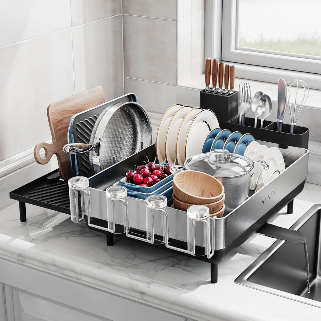 SUNLY Large Dish Drainer Rack, Expandable Draining Board Rack, Space Saving 304 Stainless Steel