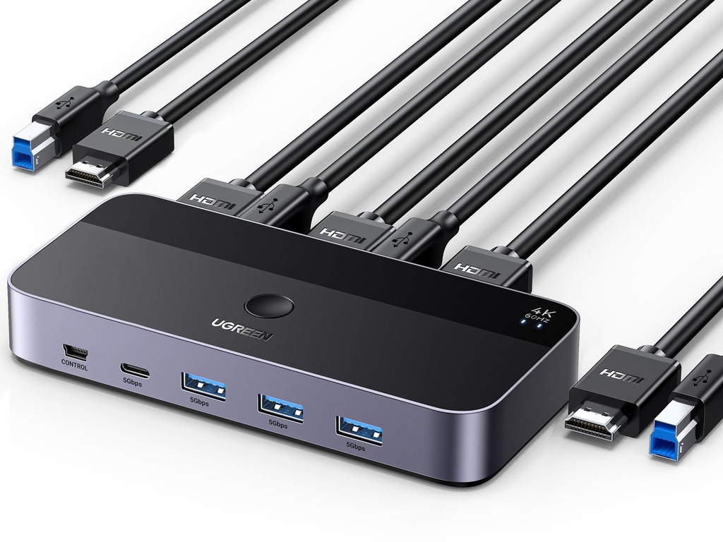 UGREEN KVM Switch HDMI 4K@60Hz, 3.0 4-Port Hub with 1 USB-C and 3 USB-A Ports