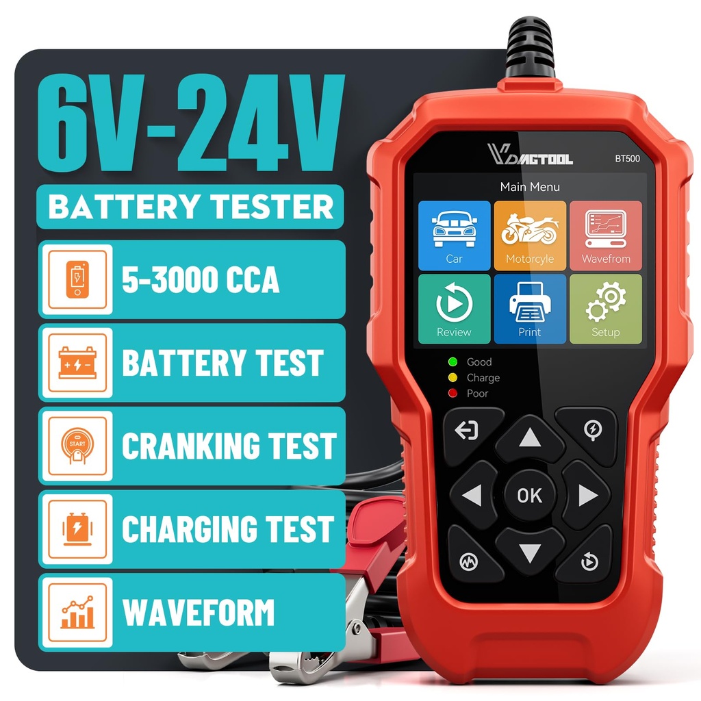 Car Battery Tester 6V 12V 24V VDIAGTOOL BT500, 5-3000 CCA Automotive Battery Tester, Starte