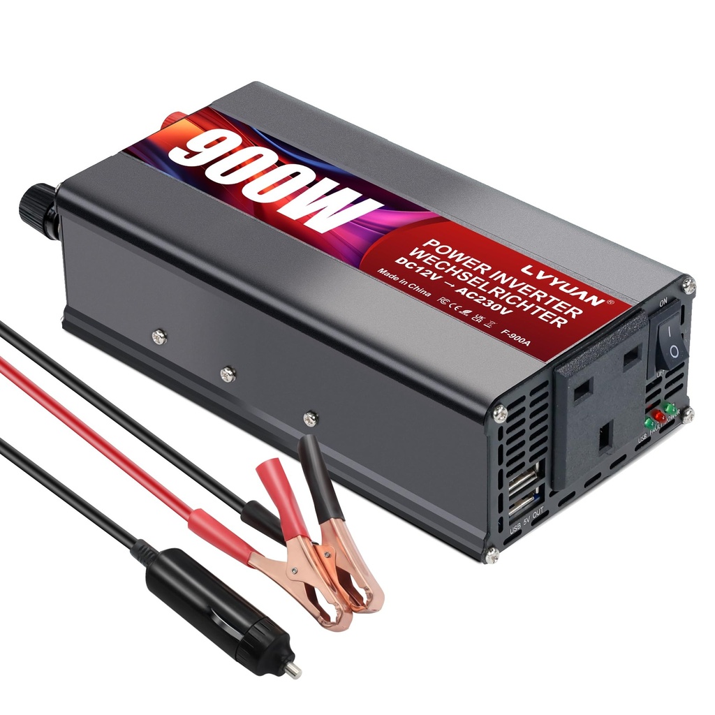 LVYUAN Car Inverter 12V to 240V 900W Voltage Converter, UK Outlet and 2 USB-A Charging Port