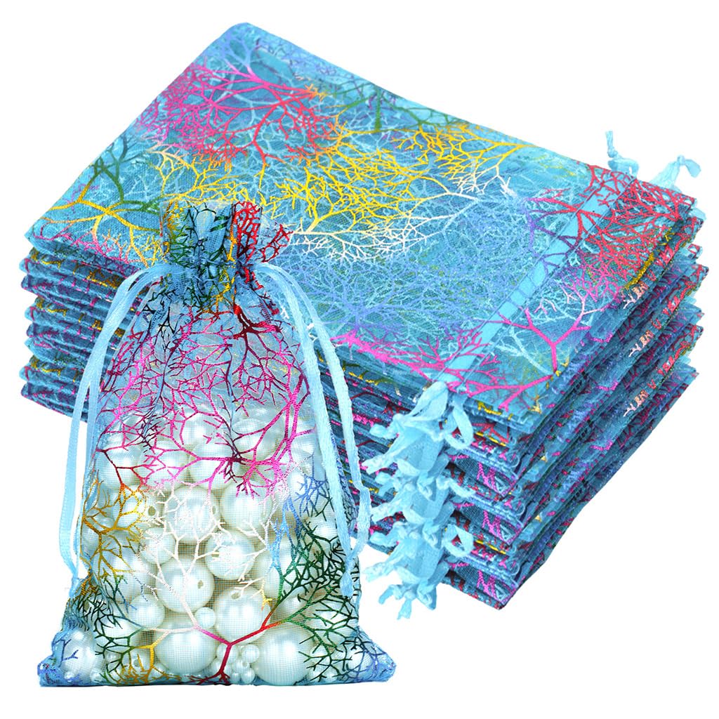 jijAcraft Coral Print Organza Bags: 10x15cm Blue Organza Gift Bags, 50Pcs Reusable Drawstri