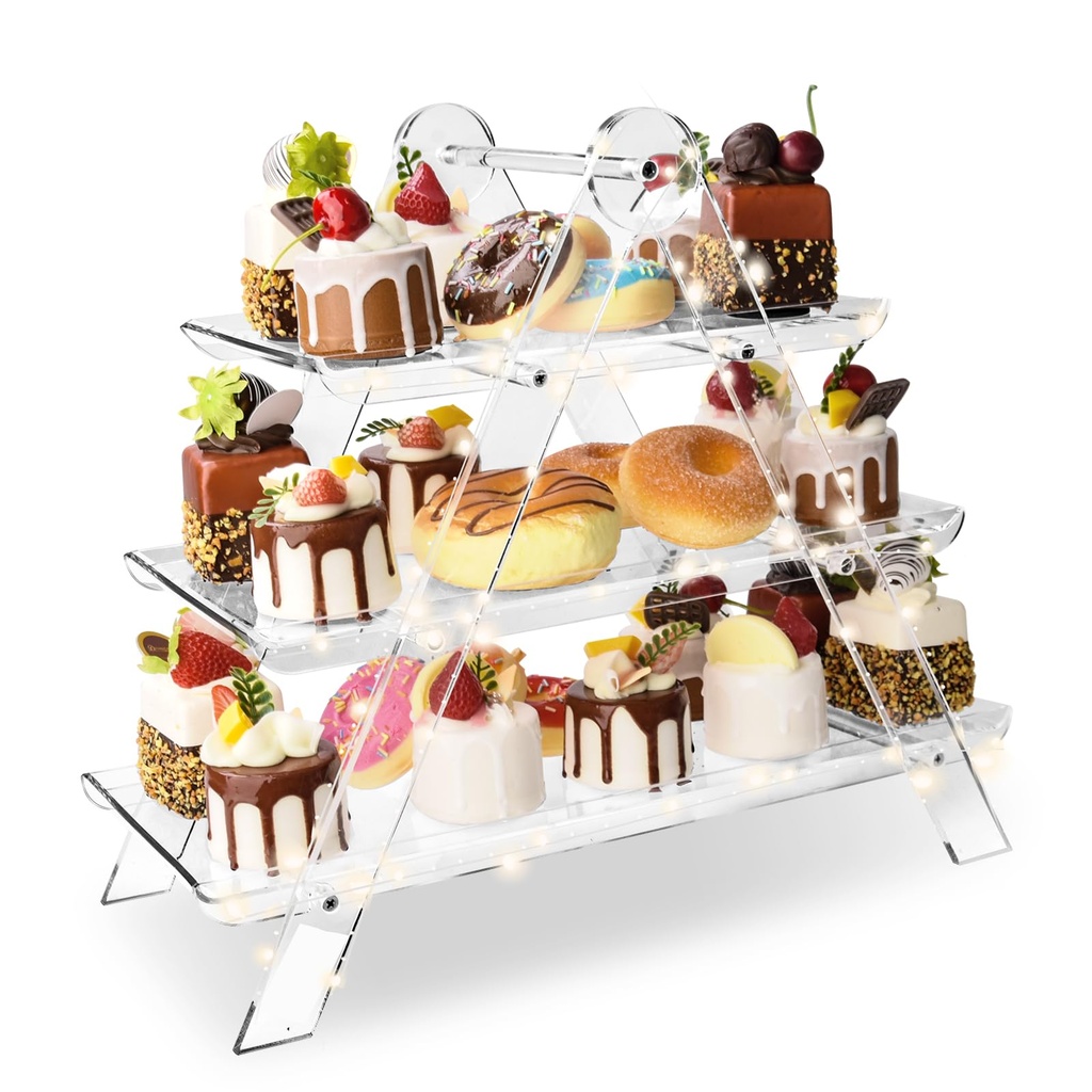 3 Tier Serving Tray with 2m Light String, Acrylic Three Tiered Serving Stand Collapsible St