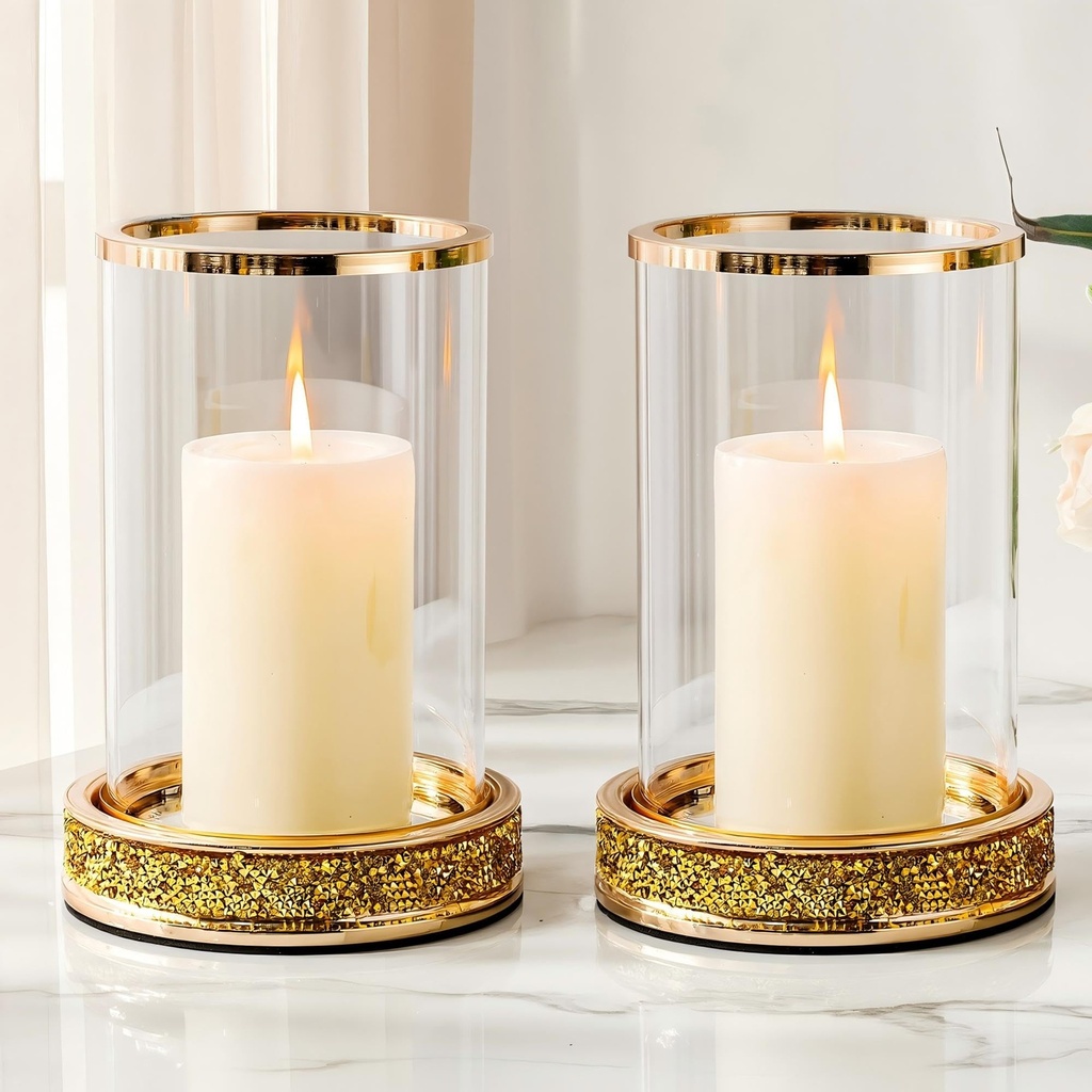 Pillar Candle Holder with Tempered Glass Panels, Hurricane Candle Stand for centerpiece, cr