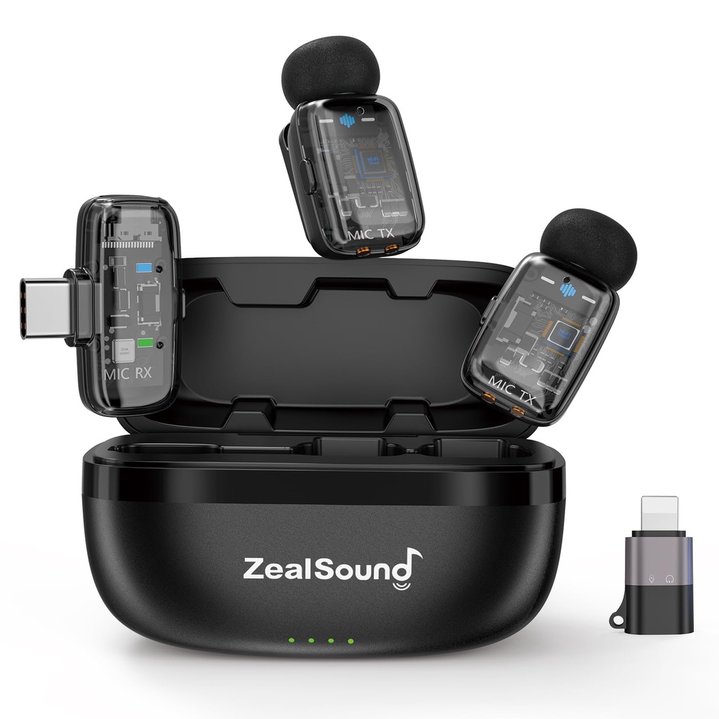zealsound Wireless Lavalier Microphone for iPhone Android PCs (w/USB-C/Lightning Aadapter+2