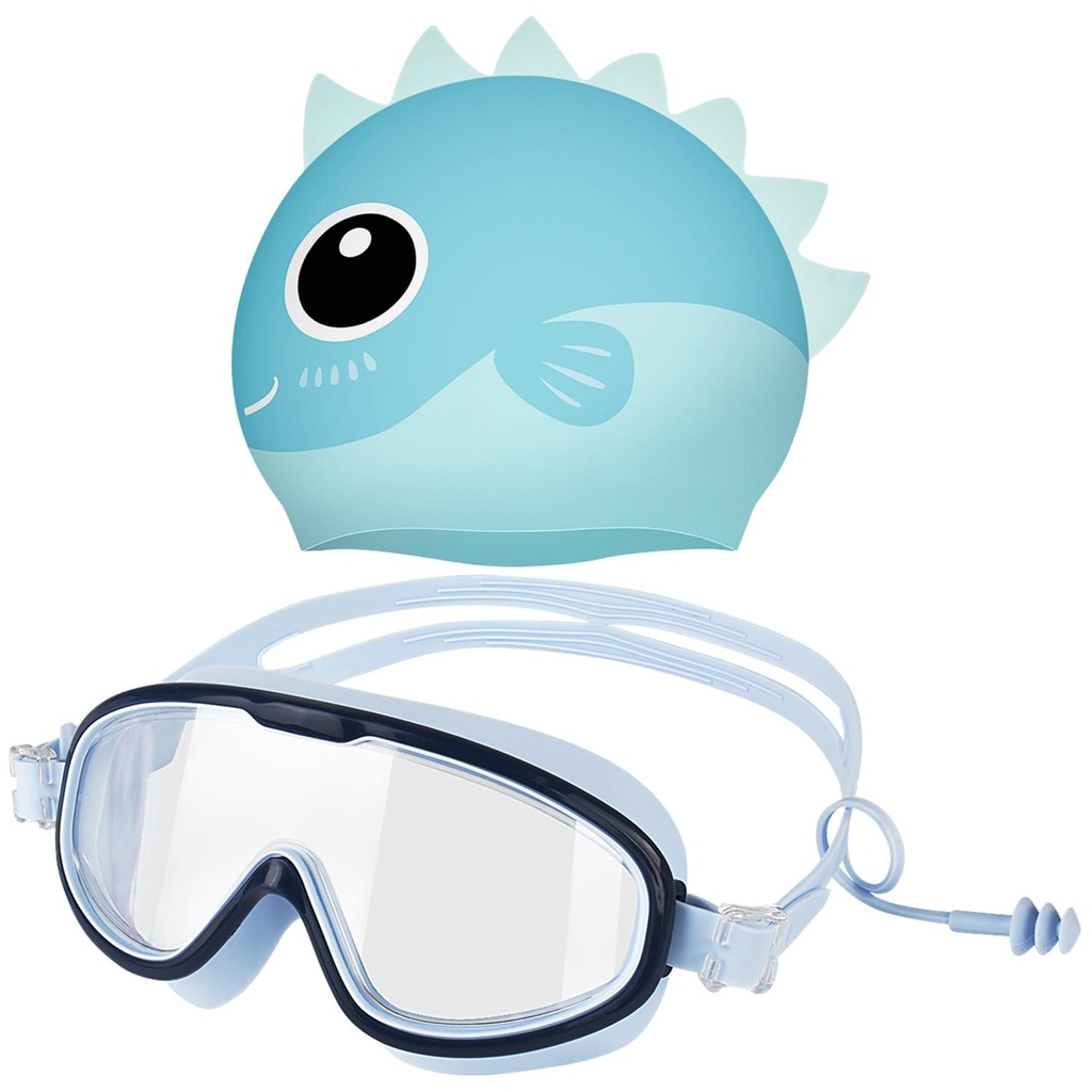 Ynaice 2 Pack Kids Swim Goggles with Swim Cap, Swim Kit No Leaking Soft Anti Fog UV Protect