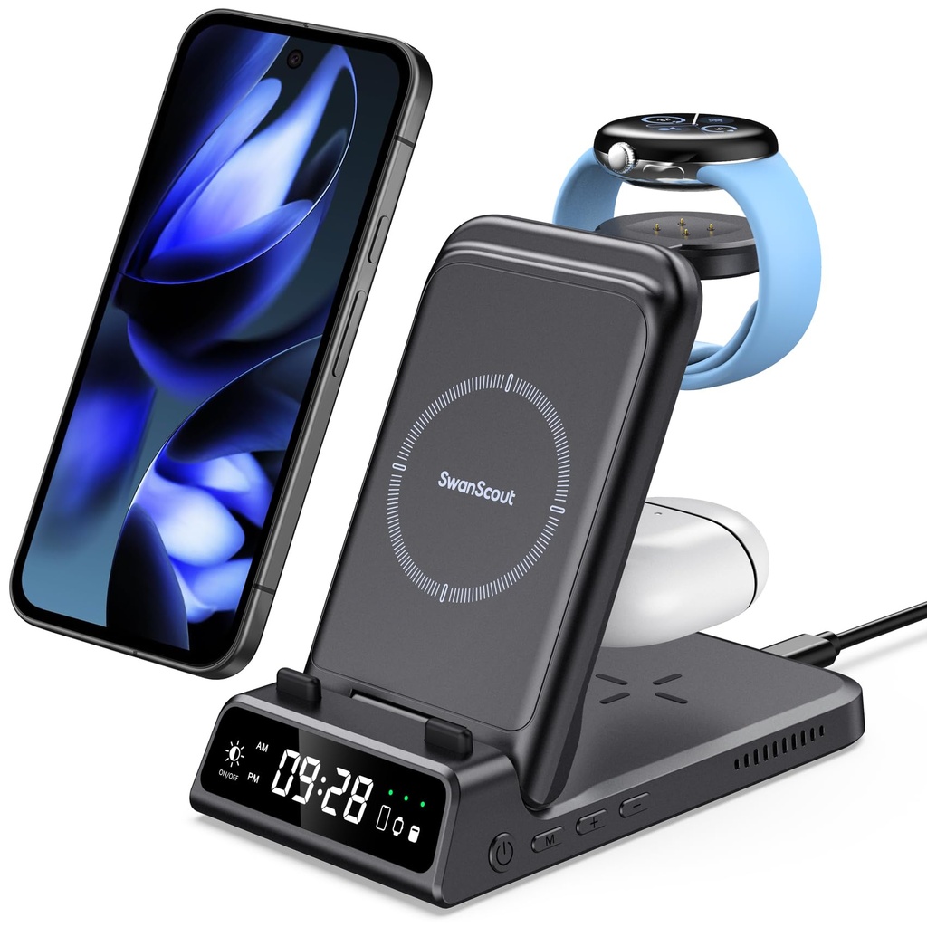 Wireless Charger for Google Pixel Watch 3/2/Fitbit Versa 4/3/Sense 2/1, 3 in 1 Charging Sta