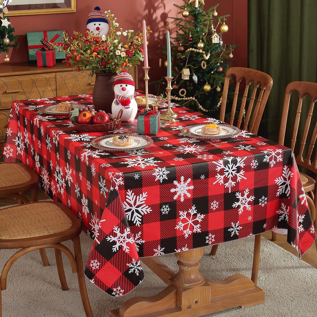 SASTYBALE Christmas PVC Vinyl Tablecloth 152x213cm Rectangle - Buffalo Plaid Snowflake Print