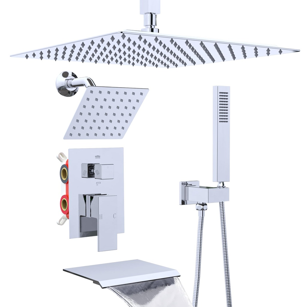 Dual Shower Heads System with Tub Spout, Ceiling Mount 12 Inch Shower Head 