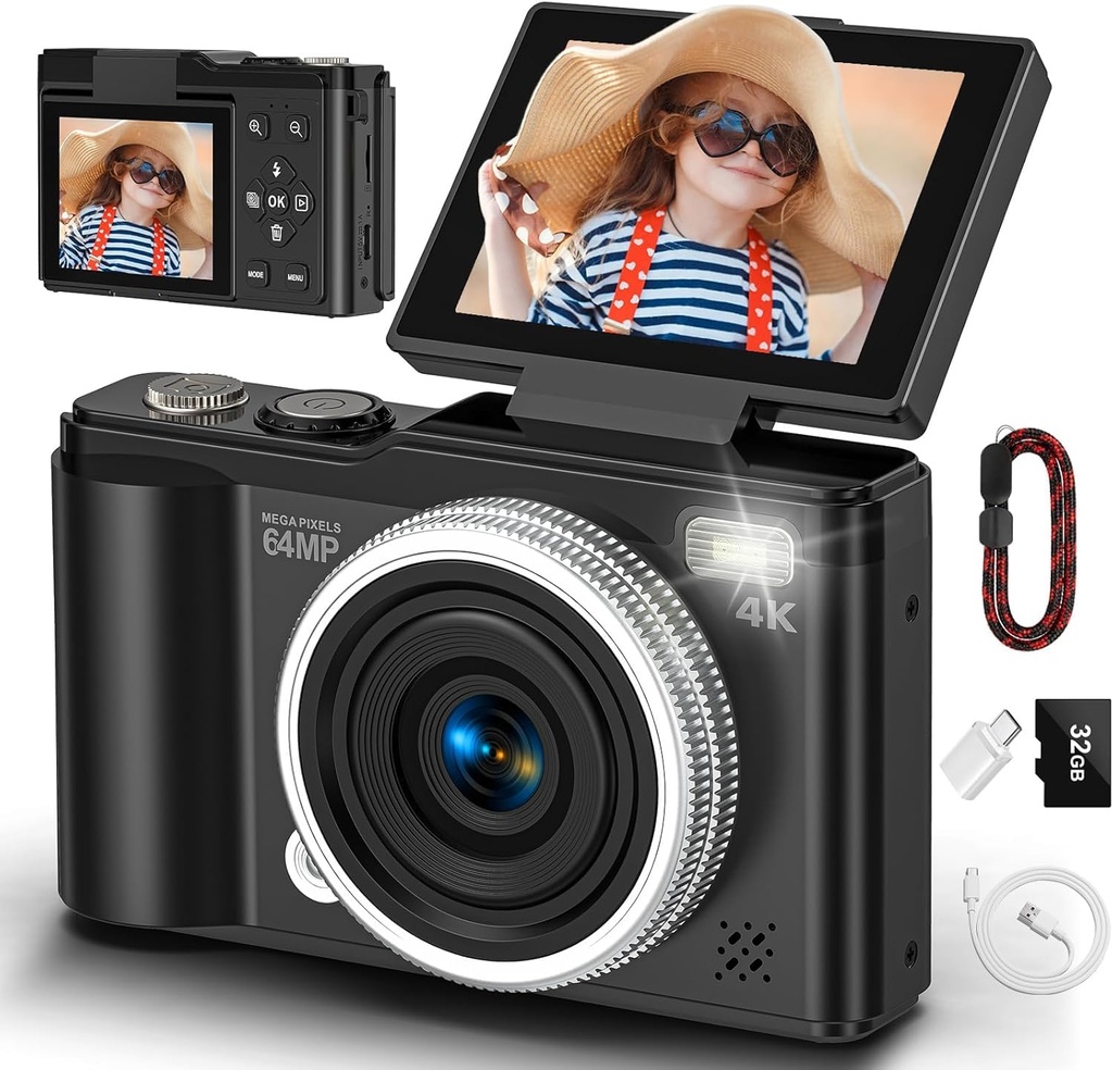 Digital camera, 4K 64MP Compact Digital Camera with Autofocus and Macro Function