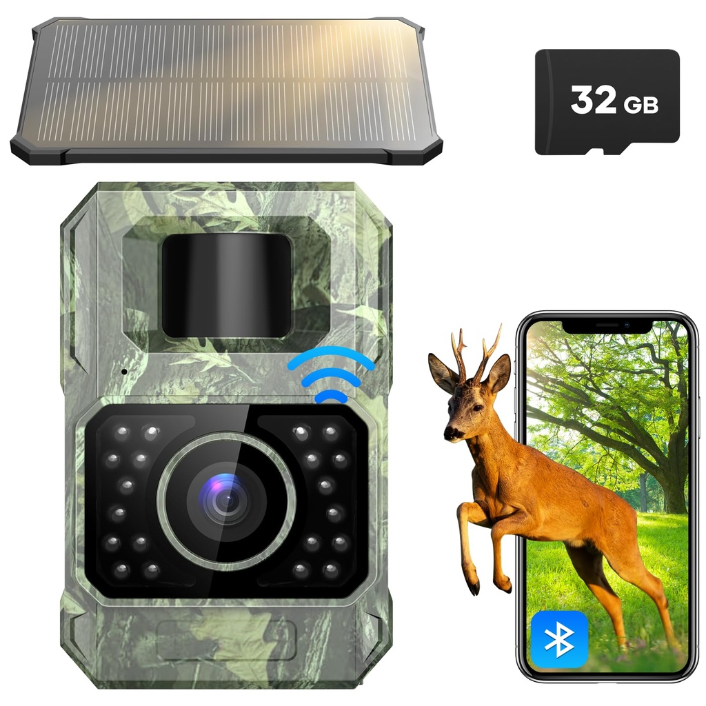 Wildlife Camera WiFi Bluetooth, 48MP 30fps Solar Infrared Trail Camera with Night Vision 