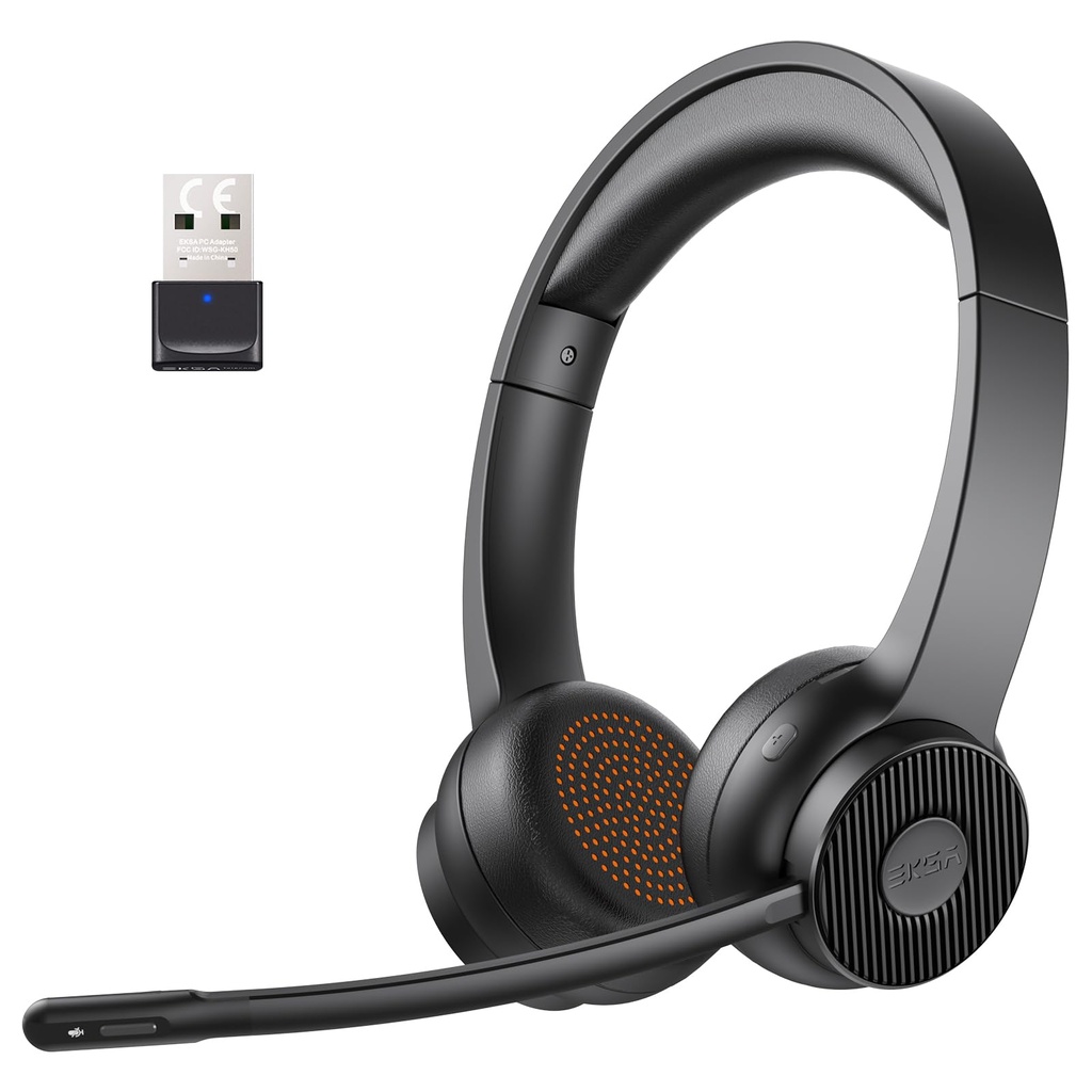EKSA H16 Wireless Headset with Microphone Noise Cancelling, Bluetooth Headset V5.2 with USB