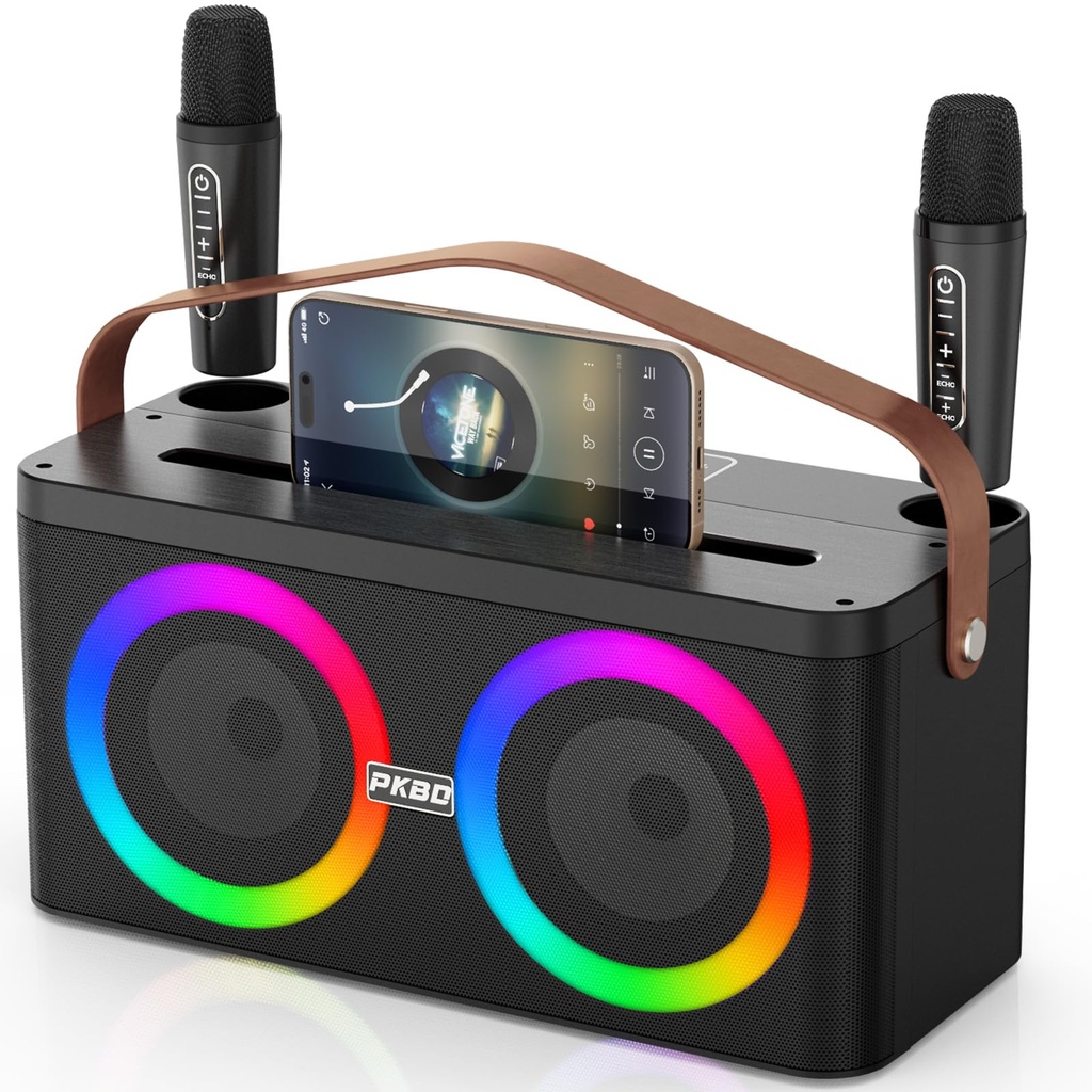 PKBD Karaoke Machine with Phone/Pad Holder, Portable Bluetooth Speaker with Two Wireless Mi