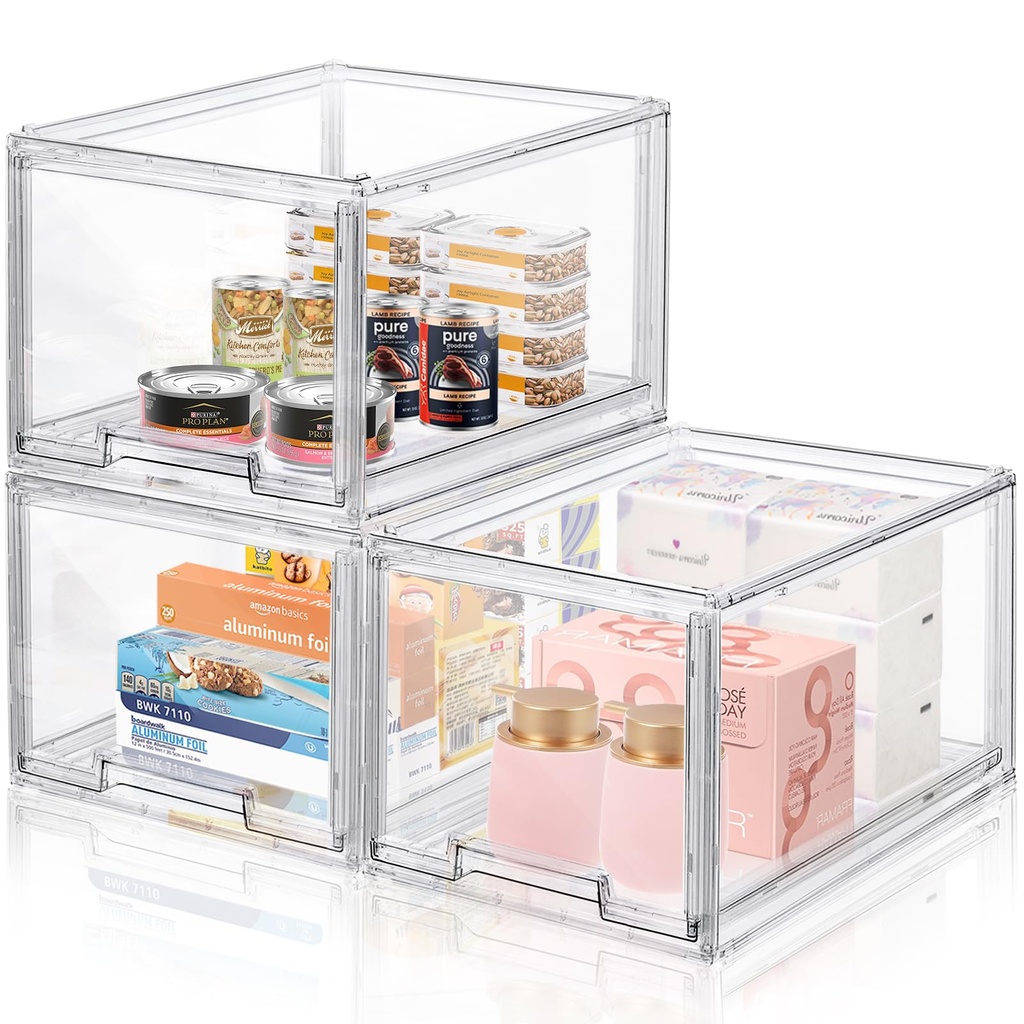 3 Packs Large Plastic Stackable Storage Drawers, LINYAPRY Clear Storage Bins Organizer 