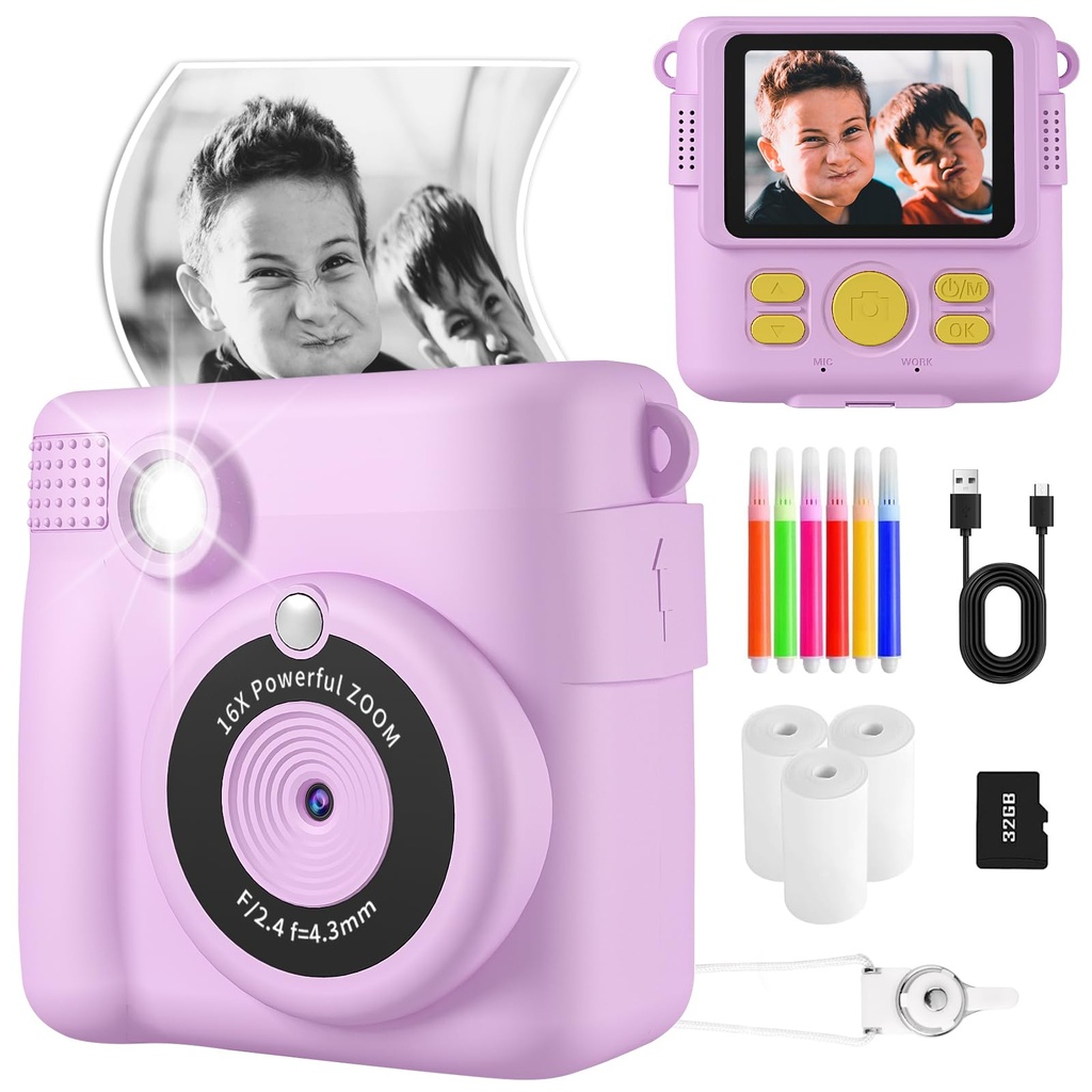 Instant Print Camera, Kids Camera Digital Camera 1080P HD Photo and Video Recording 