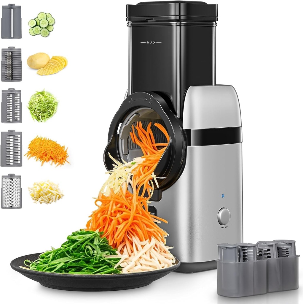 FOHERE 5 in 1 Electric Cheese Grater, Large Feed Chute Electric Grater Vegetable Shredder w