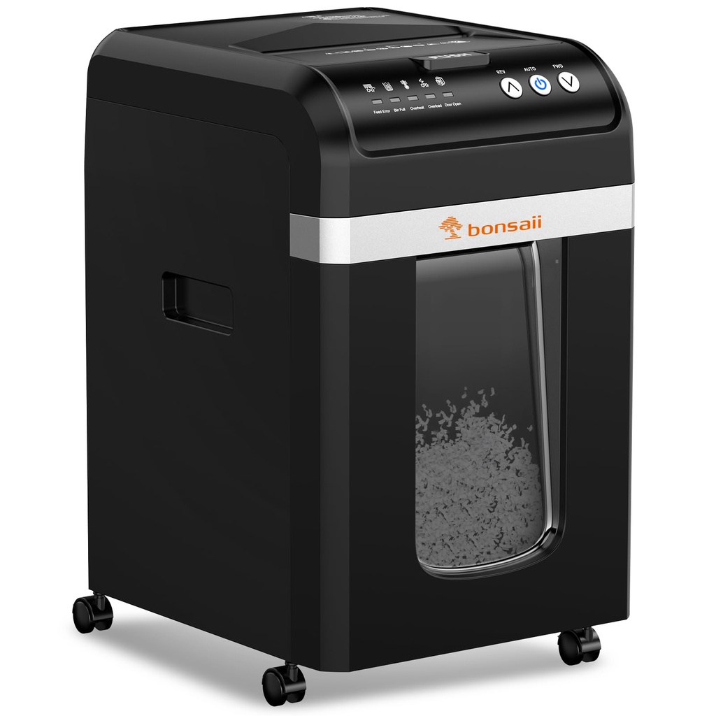 Bonsaii 200-Sheet Auto-Feed Shredder, P-4 Micro-Cut, 60-Min Continuous Run, 31L Bin, Heavy-