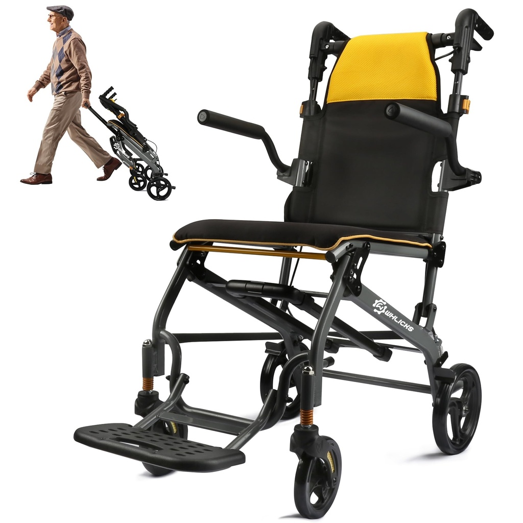 WHLICKS Lightweight Folding Transport Wheelchair for Adults & Seniors, Portable Travel Chair