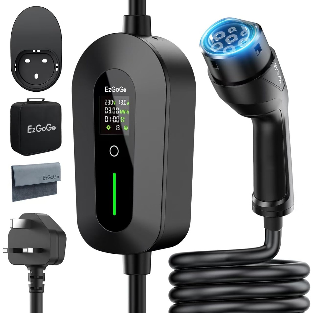 EzGoGo EV Charger Cable Type 2 to 3 Pin Plug 65.62Ft/20M Electric Car Charger 3kW, [6/8/10/1