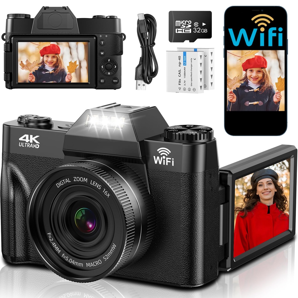 4K Digital Camera with WIFI, 75MP UHD Compact Cameras, 3 Inch 180Ã‚Â° Flip Screen 16X Digital zoom