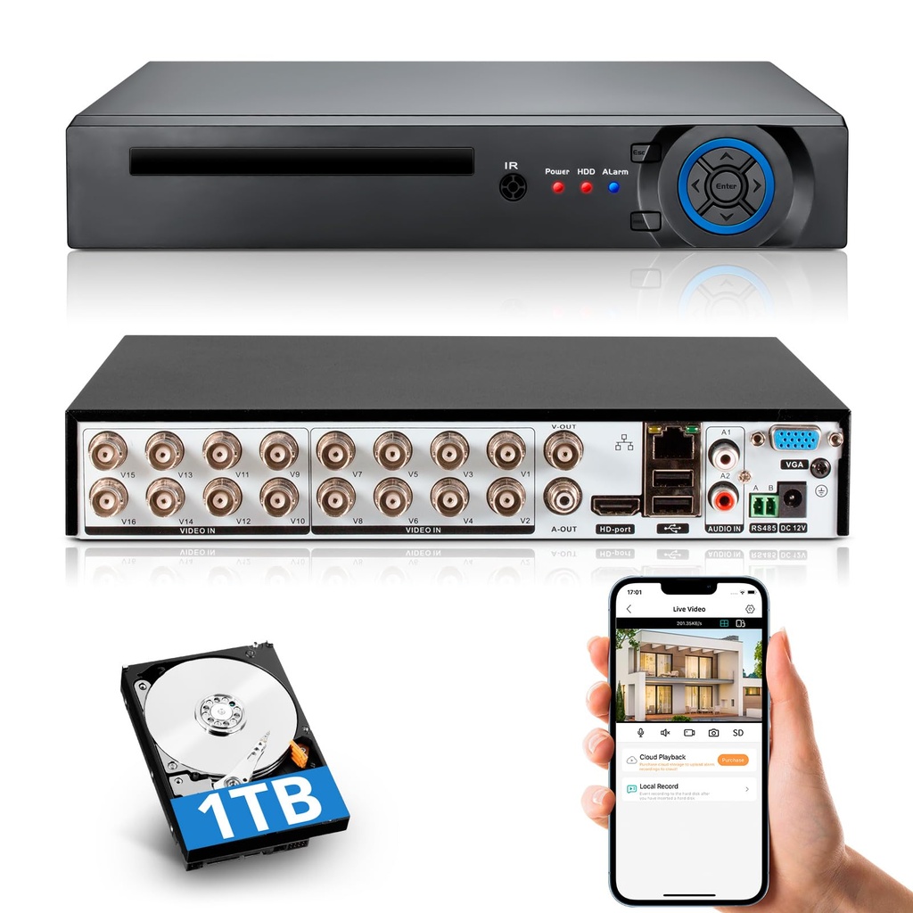TOWODE 16 Channel CCTV Camera System Surveillance Video Recorder with 1TB Hard Drive