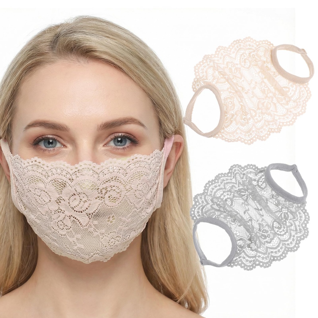 Grevosea 2 Pack Lace Face Masks, Breathable Mesh Half Face Cover Mesh Hollow Faces Shield M