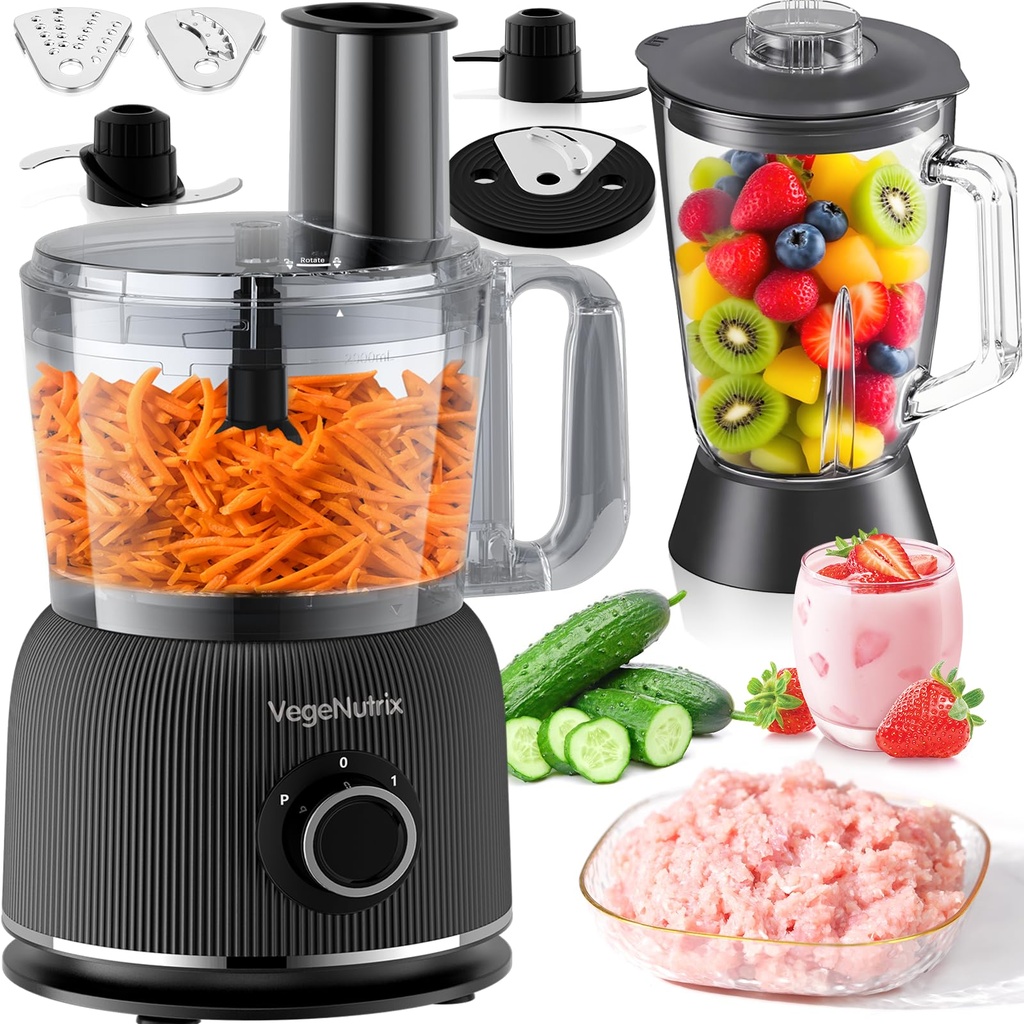 1500W Food Processor and Blender Combo, 2.5L Food Chopper for Meat, Vegetable and Dough, 2L