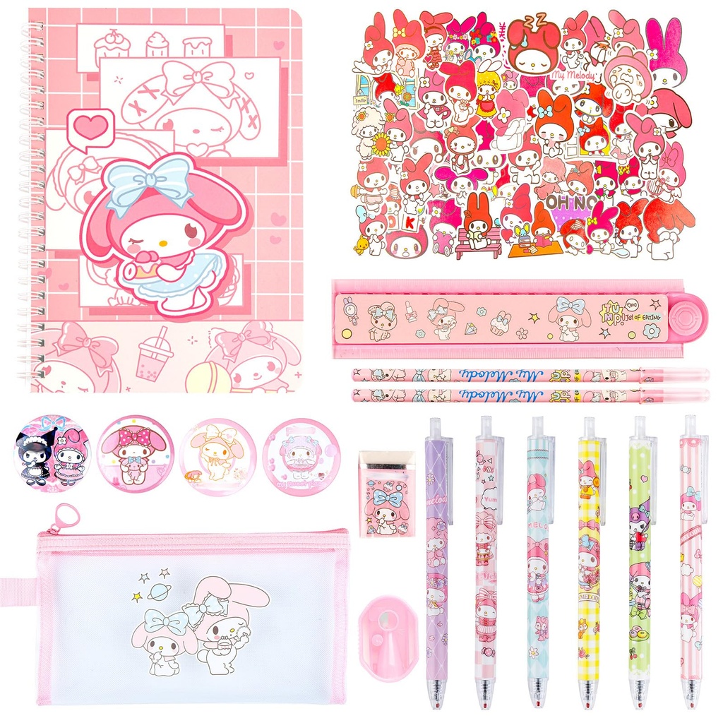 Mel-dy Stationery Set, Kawaii School Supplies with Pens Stickers Pencil Case Notebook Badge