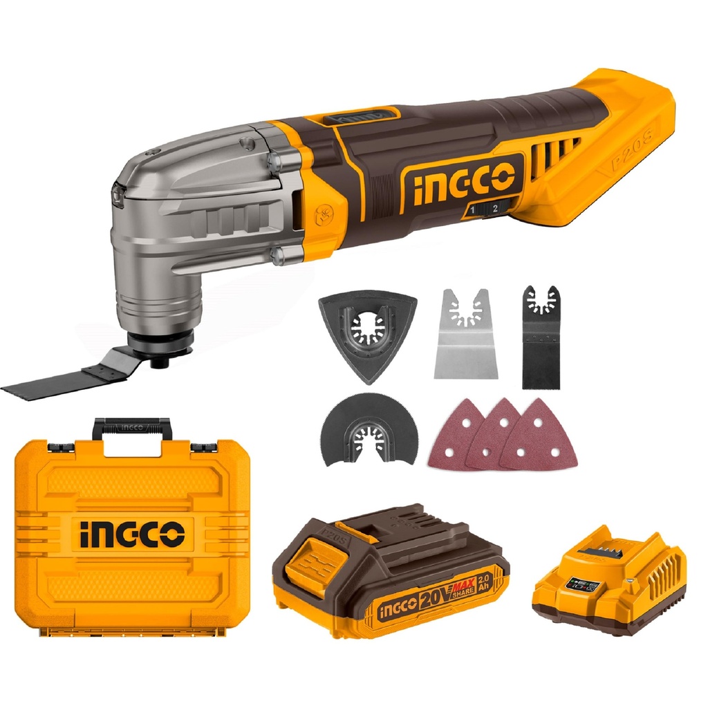 INGCO Cordless Multi Tool with 1pcs 2.0Ah Battery and Charger, 5000-20000 RPM, 6 Variable