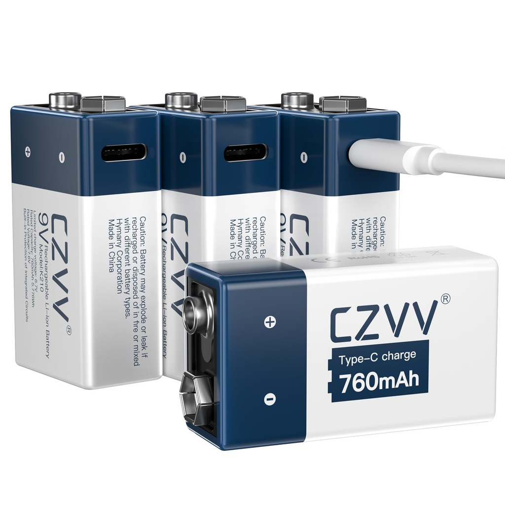 czvv 9V Lithium Batteries Rechargeable - High Capacity 760mAh Square Battery Li-ion 8.7V -