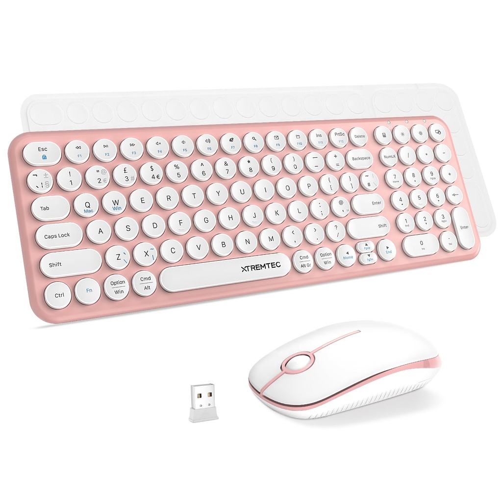 XTREMTEC Wireless Keyboard and Mouse set,Compact Size Cute Keyboard Retro Round Key cap-2.4