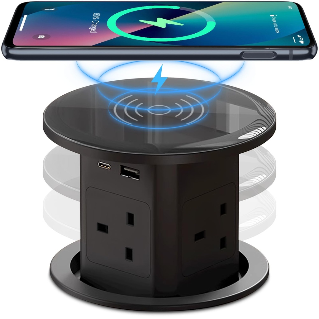 Pop Up Socket with 15W Wireless Charging - 4 AC Outlets, 1 USB Port, and 1 x 20W Type-C Port