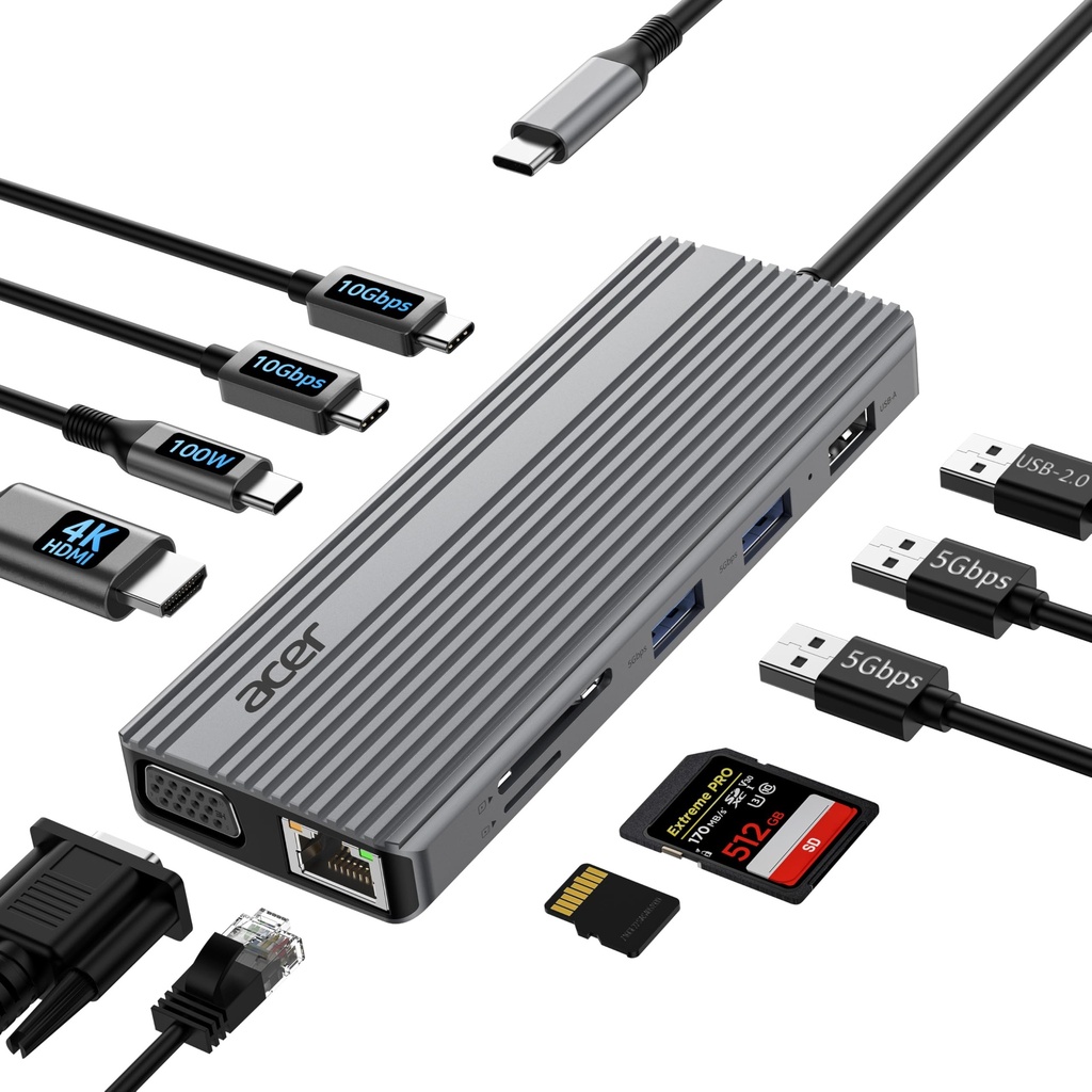 Acer USB C HUB Multiport Adapter with 4K@60Hz HDMI, 1080P VGA, 2x10Gbps USB C, 2x5Gbps USB A