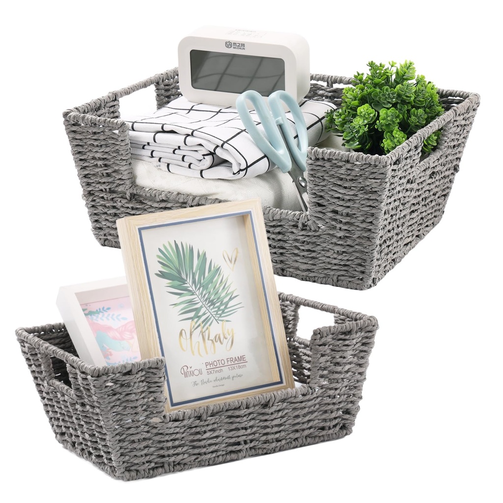 Hand-Woven Paper Rope Storage Baskets, Natural Wicker Organizer Baskets with Handles for Sh