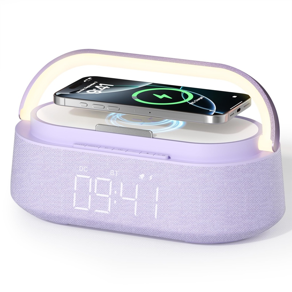 FREEFISH Bluetooth Speaker with Wireless Charger, FM Radio, Adjustable LED Night Light, 15W