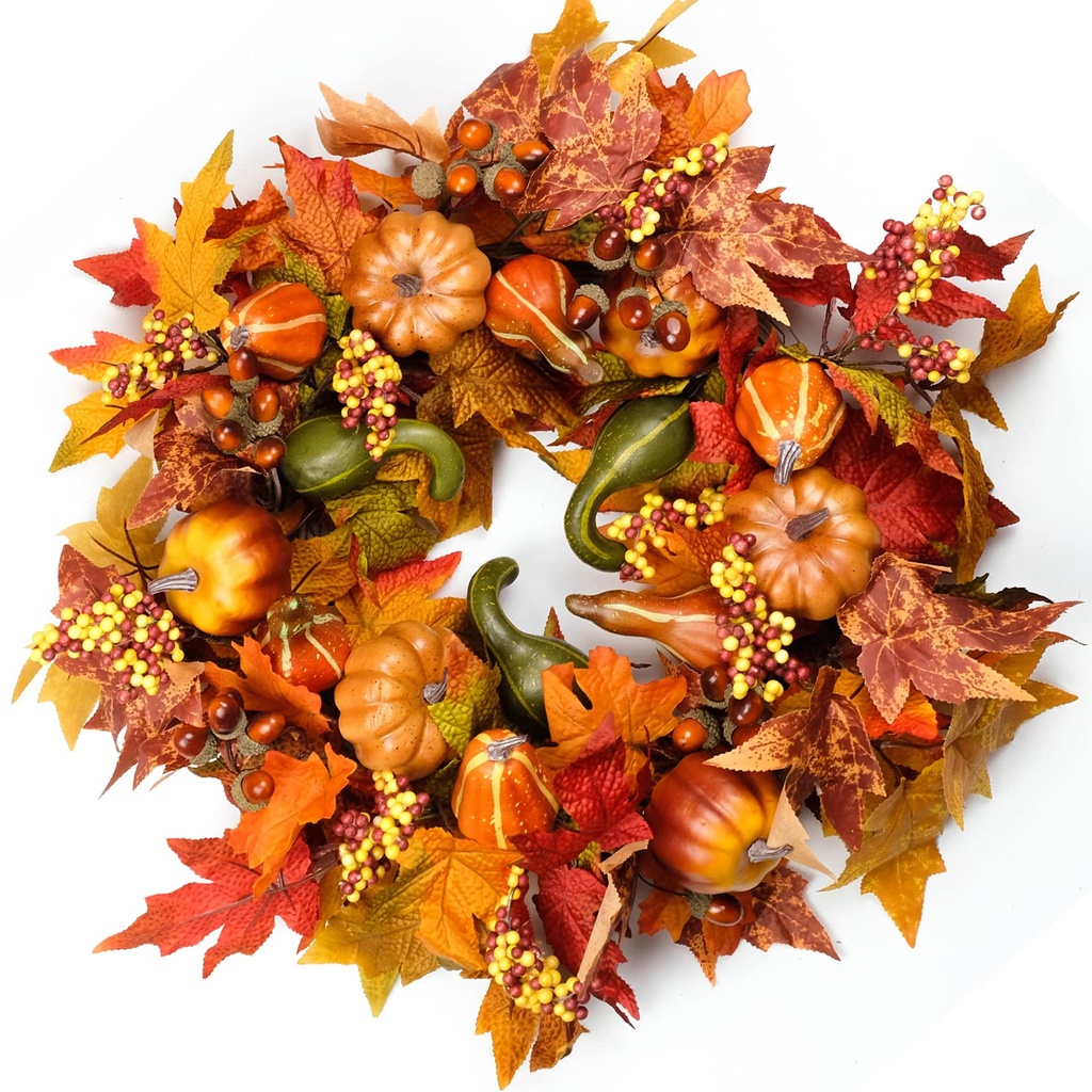 Fall Wreaths for Front Door 22 inch 55cm, Fall door wreath with Pumpkin, Maple Leaves Autum