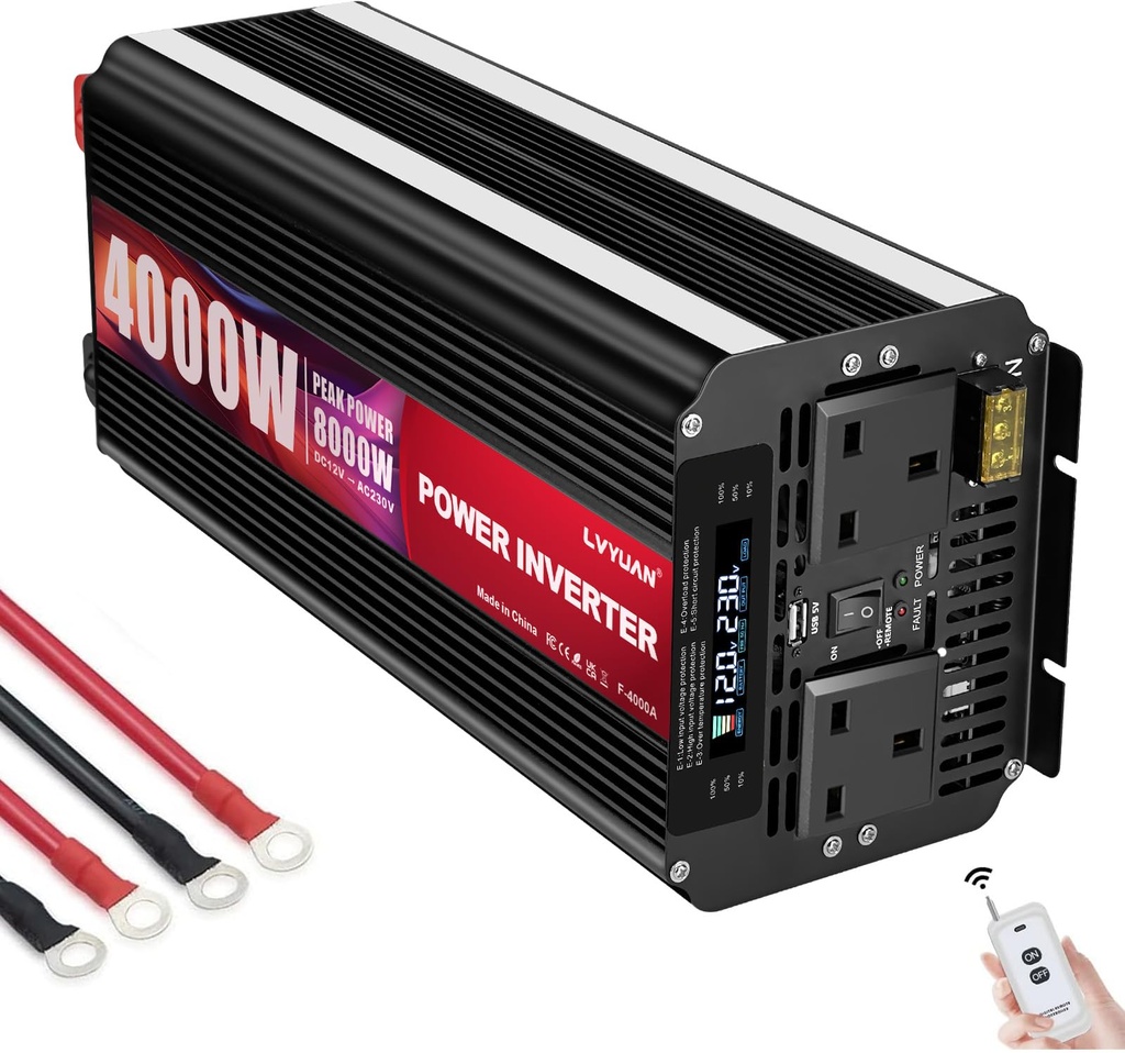 4000W Power Inverter 12V to 240V (8000W Peak), LCD Display, Wireless Remote, UK Version 
