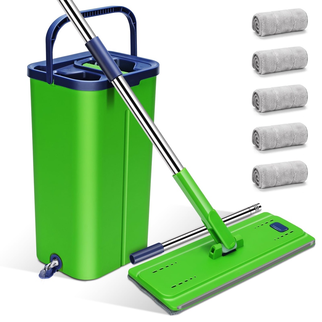Mop and Bucket Set, Myiosus Flat Mop and Bucket with 5 Microfiber Pads, 360?? Rotating Mop