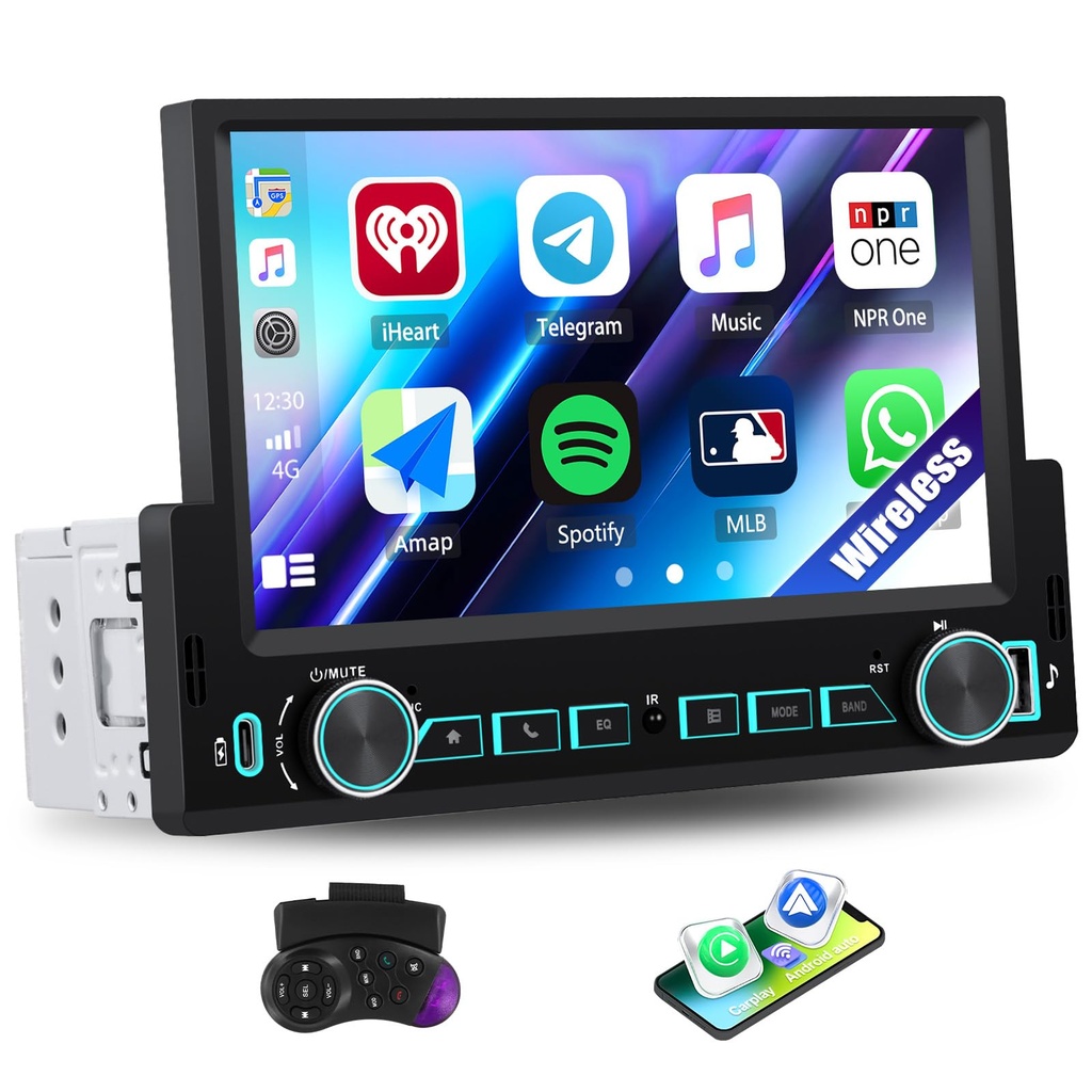 SIXTOP Single Din Car Stereo with Wireless Apple Carplay Android Auto 7 Inch 1 Din HD Touchscreen