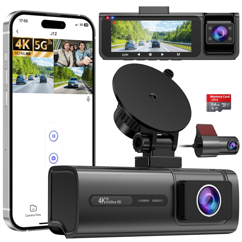 Vasip 4K Dash Cam Front and Rear Inside, 5GHz WiFi, 3 Channel Dash Cam for Cars