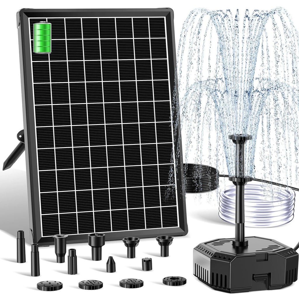 Biling 6.5W Solar Pond Filter Pump with Backup Battery 10 Fountain Heads 300L/H Flow for 150