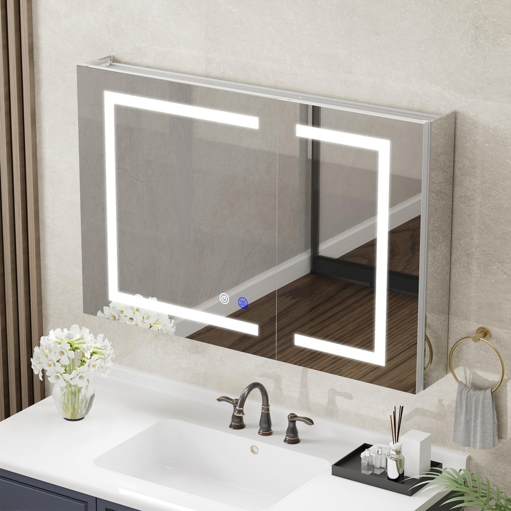 Bathroom Mirror Cabinets with LED Lights, Shaver Sockets, 500x700mm Bathroom Wall Mounted M