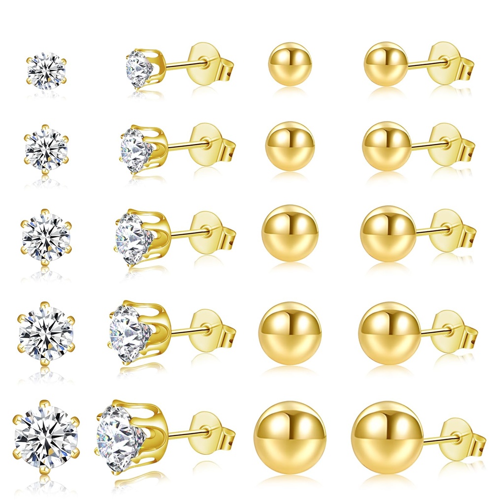 Jagosen 10 Pairs Stud Earrings For Women Sterling Silver Gold Plated Earrings Studs Set Cub