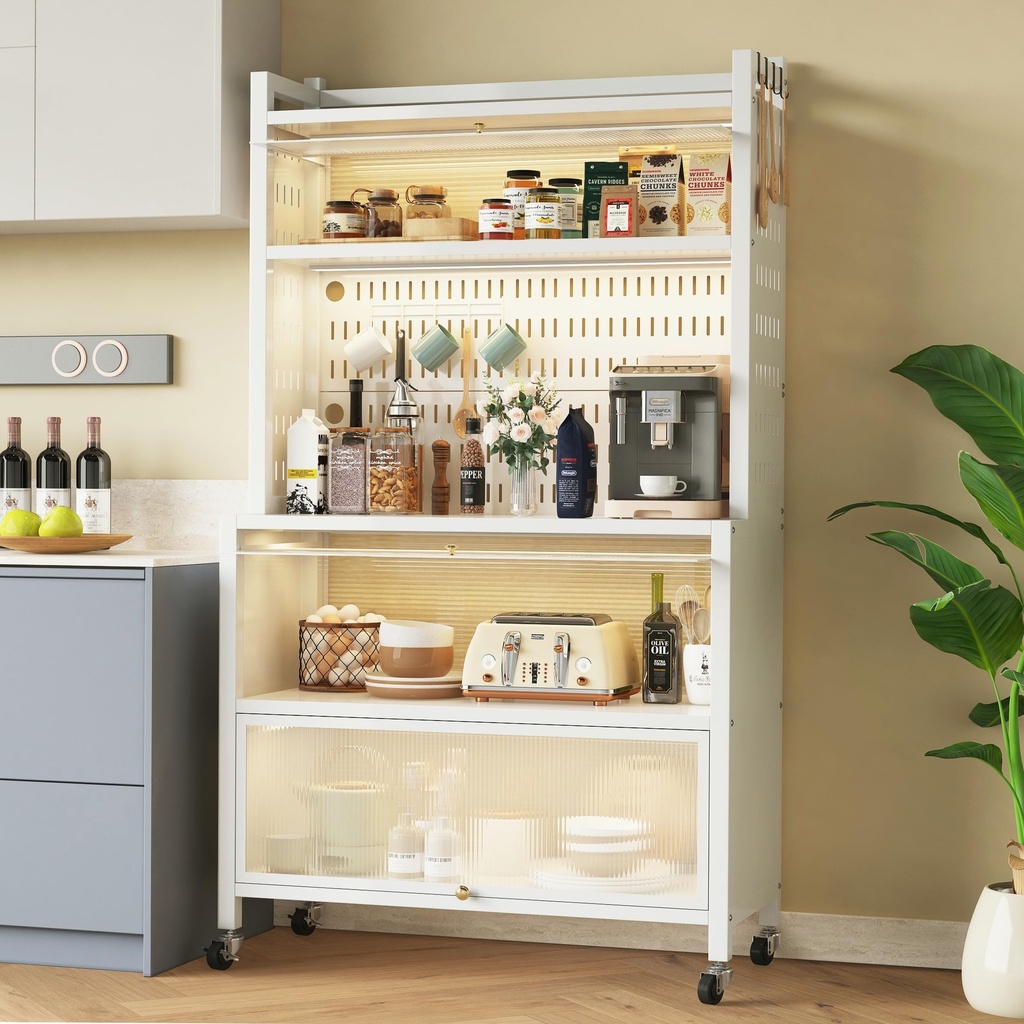 COVAODQ Kitchen Storage Baker's Rack with Coffee Bar Station, Flip Door Cabinet for Garage P