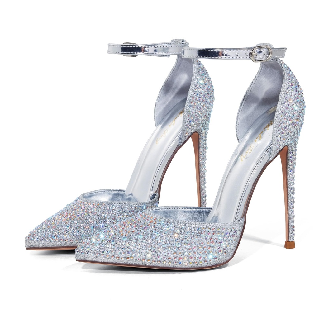 Zhabtuc High Heels, Women Pumps D'Orsay Ankle Strap Pointed Toe Stiletto Heels Silver