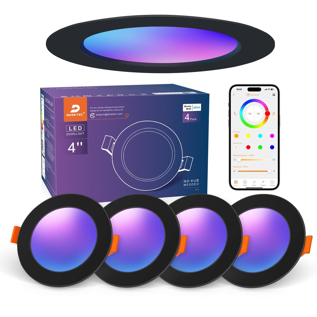 DUSKTEC LED Downlights Ceiling RGB Alexa Dimmable Black, Smart Spot Lights Bluetooth Colour