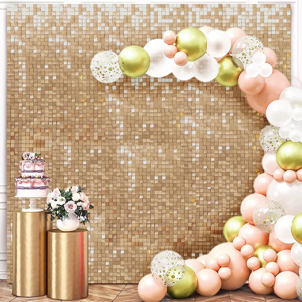 Champagne Gold Shimmer Wall Backdrop, 30cm*30cm*24 Pcs Square Sequin Panels, Light Gold 